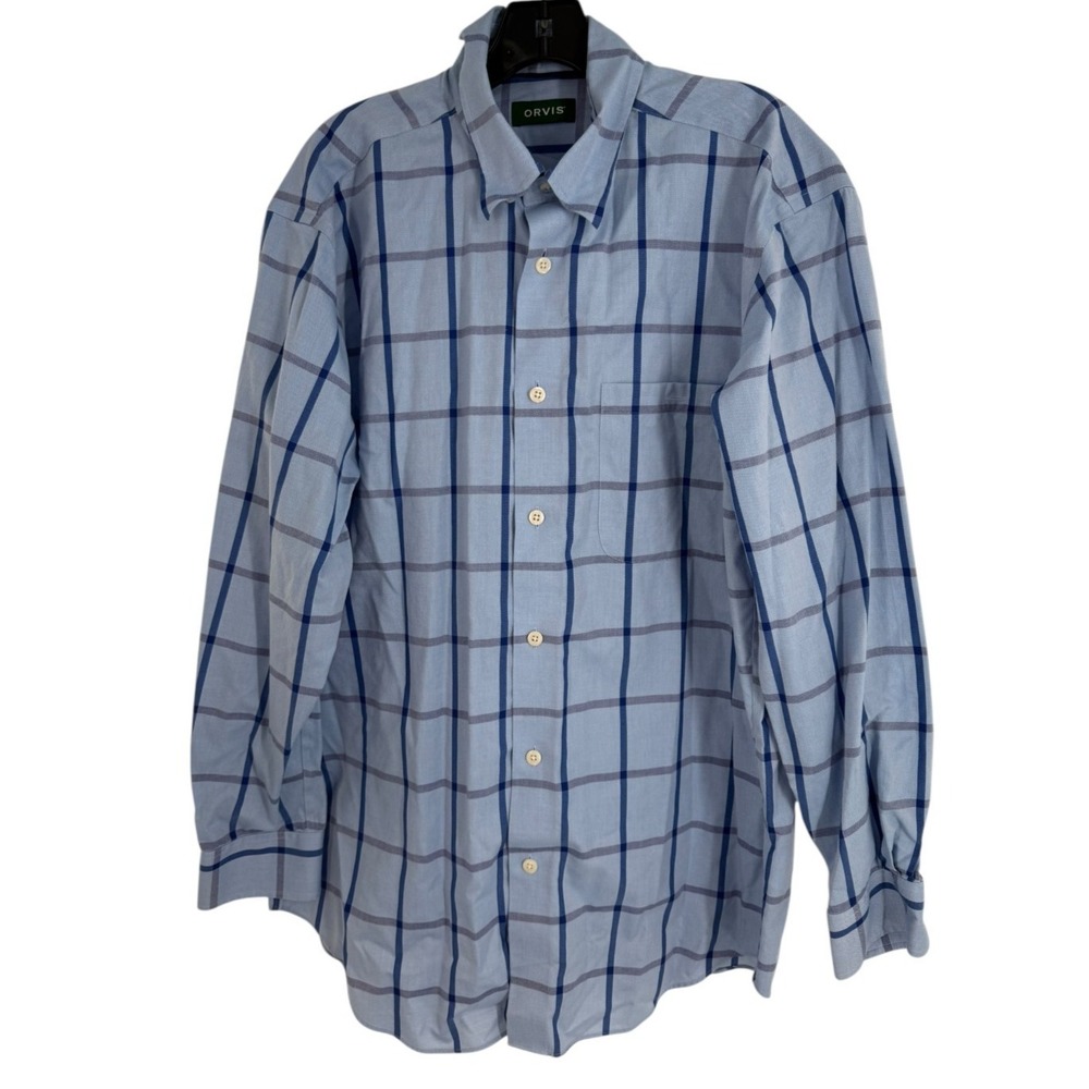 Orvis Button Up Shirt Men's Large Blue Plaid Cotton Long Sleeve Casual Office